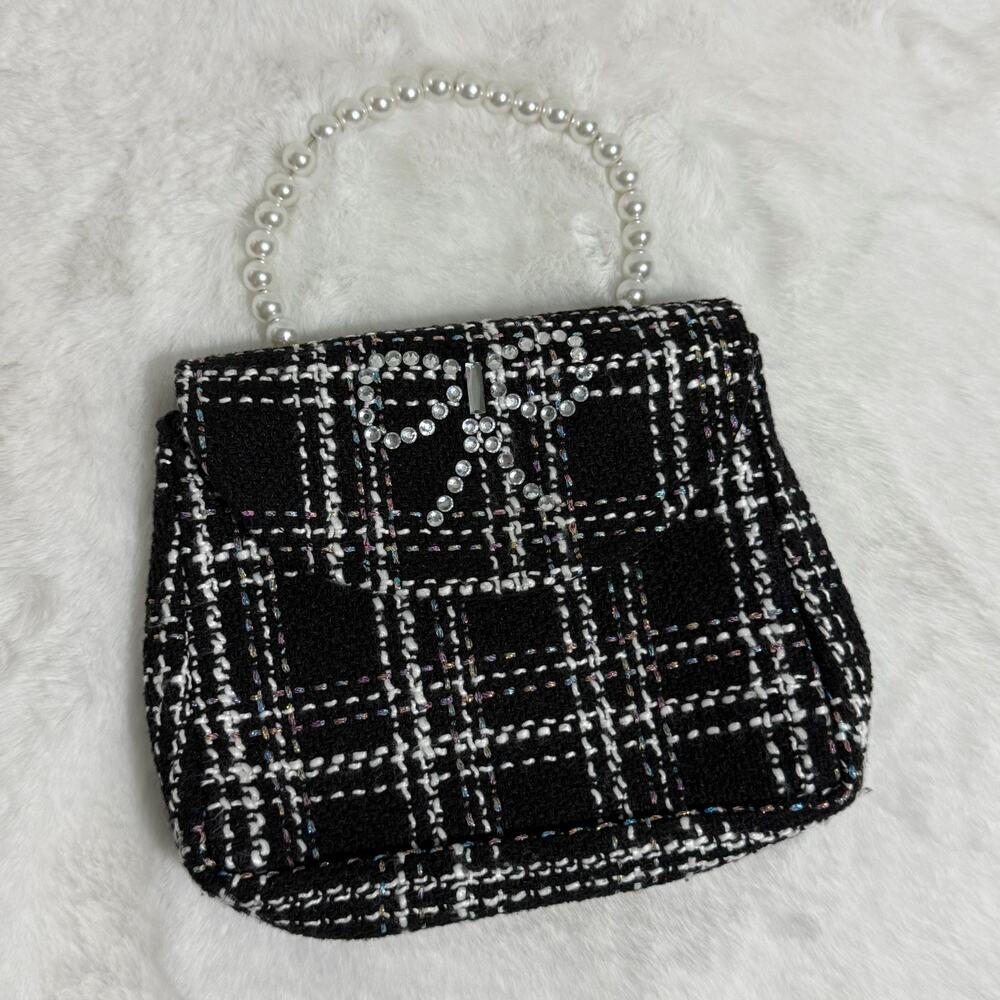 Women’s‎ Tweed Pearl Handle Mini Handbag Rhinestone Bow Black White Purse